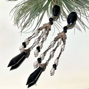 Vintage Long Black & Faux Pearl Statement Earrings